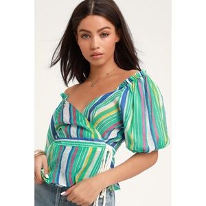Lulus large Kaylina Puffy Sleeve Wrap Top Stripe